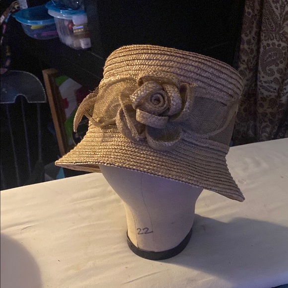 COPY - Betmar Tan Wide-Brimmed Straw Hat with Floral Accent - Picture 1 of 2